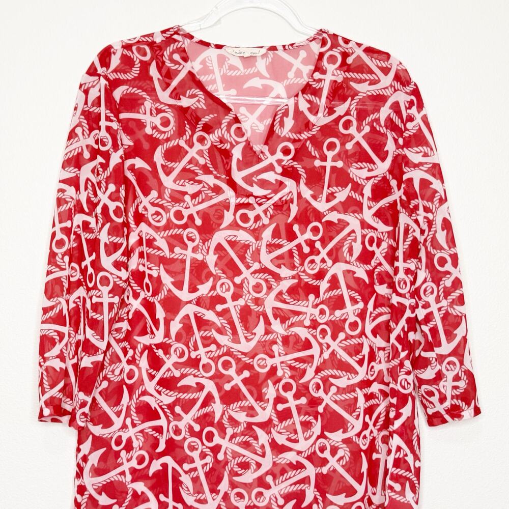 INDIGO SOUL Tunic Top V-Neck 3/4 Sleeve Cover-Up Anchor Print Red White Womens L - Picture 5 of 9